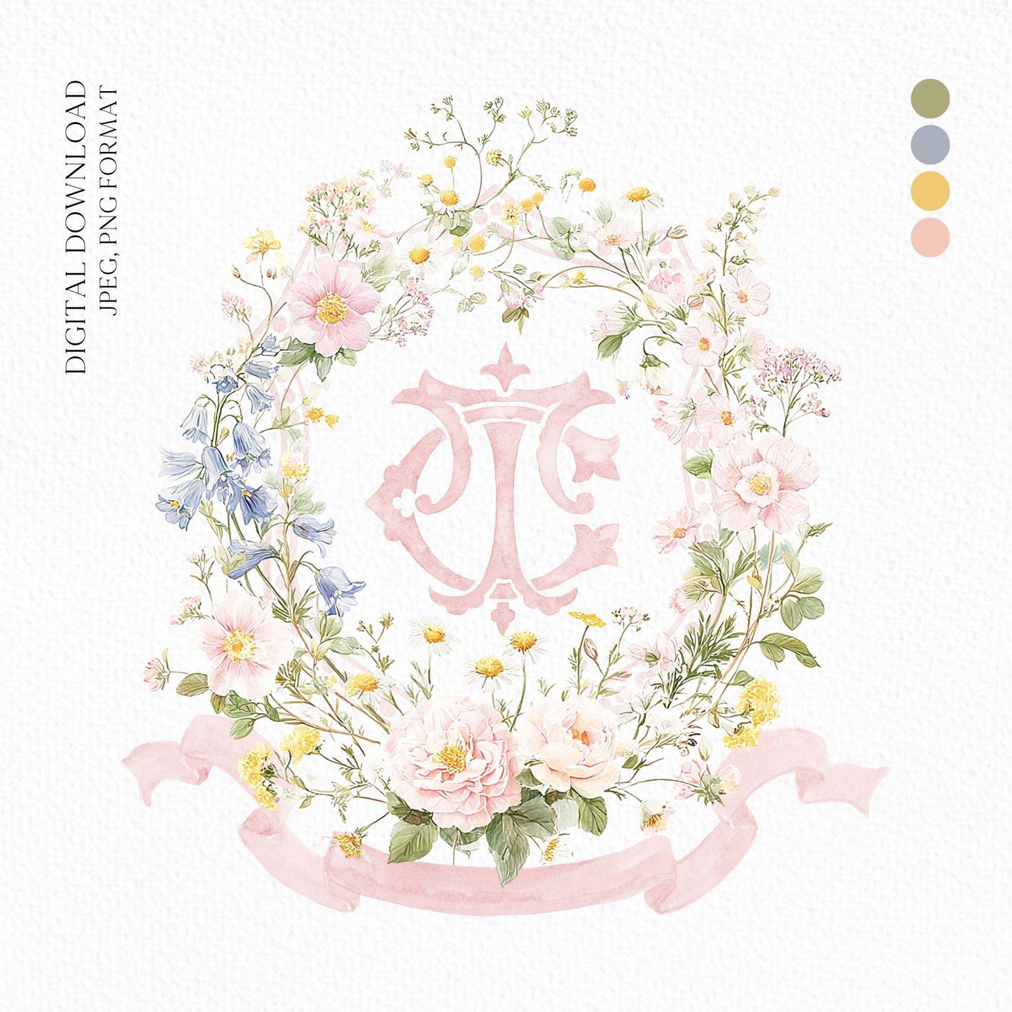 Pastel Wildflowers Light Pink Watercolor Wedding Crest - Monogram Crest - Floral Watercolor Wedding Crest - Romantic Wedding Crest