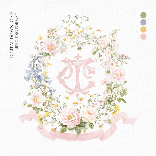 Pastel Wildflowers Light Pink Watercolor Wedding Crest - Monogram Crest - Floral Watercolor Wedding Crest - Romantic Wedding Crest