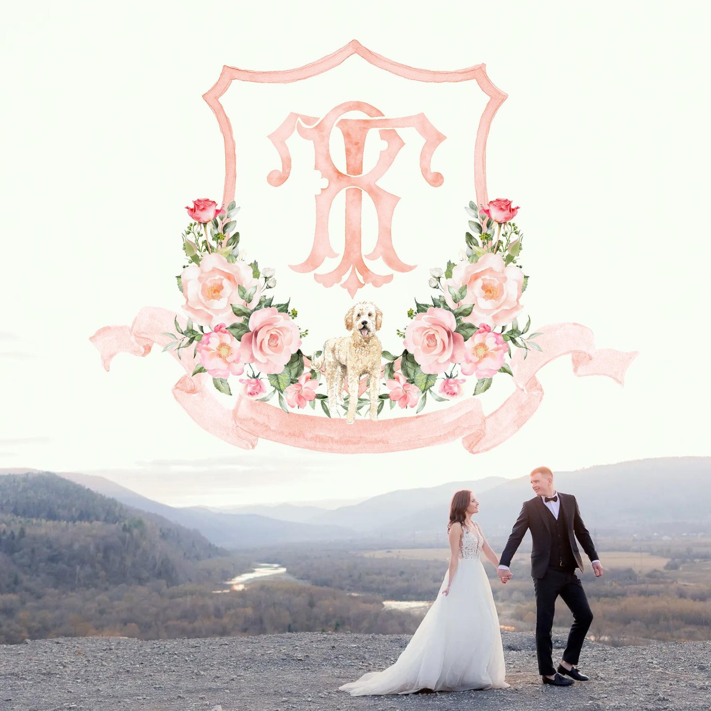 Romantic Blush Rose Peony Eucalyptus Watercolor Flower Wedding Crest - Monogram Crest - Soft Watercolor Flowers Watercolor Wedding Crest