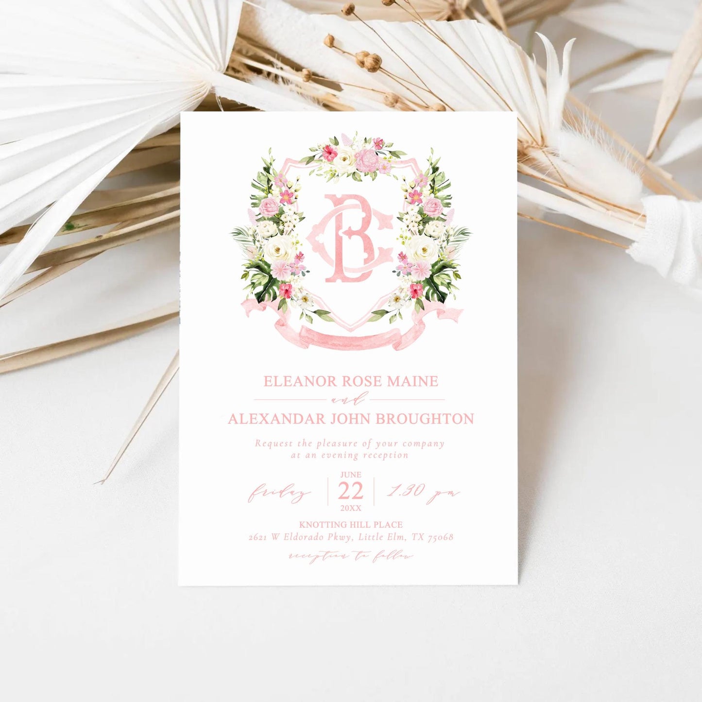 White Roses Floral Watercolor With  Palm Wedding Crest - Monogram Crest - Tropical Palm Watercolor Flowers Wedding Crest - Romantic Wedding
