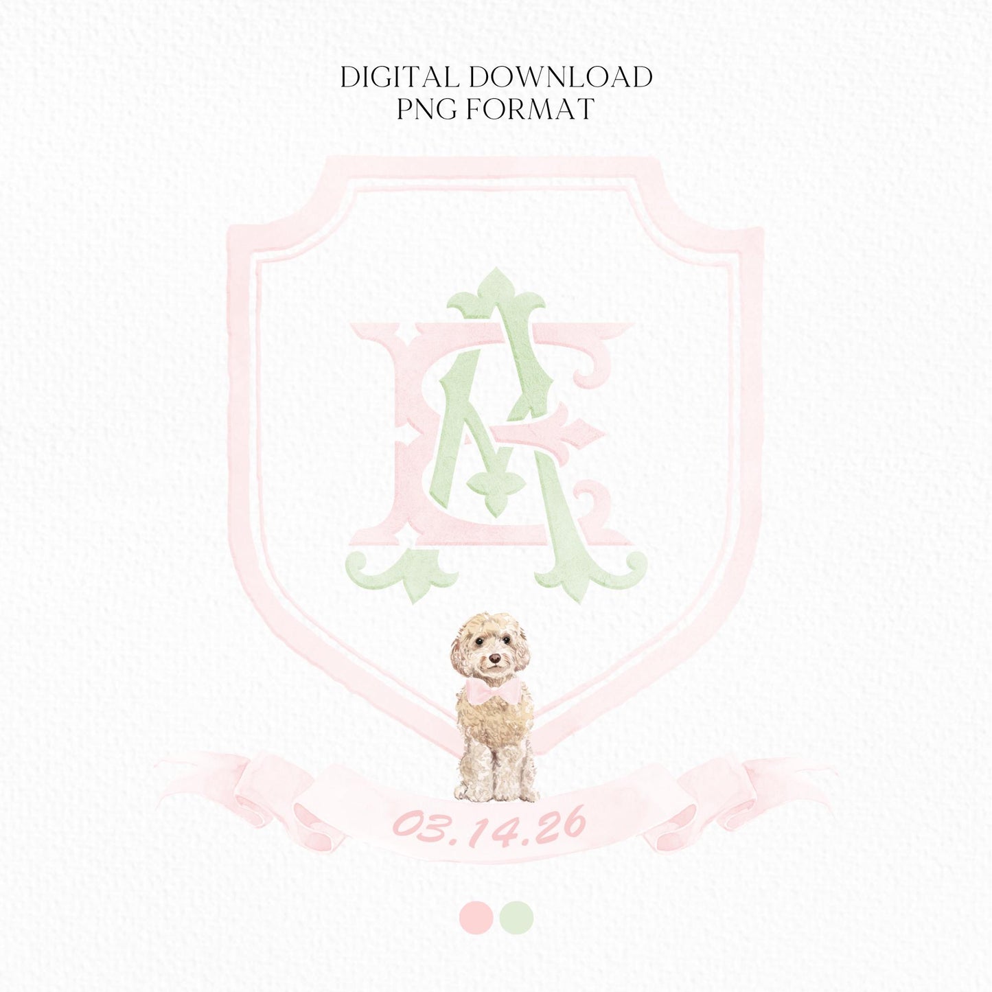 Watercolor Pink Classic Eucalyptus Ribbon Flower Wedding Crest - Monogram Crest -  Luxury Watercolor Wedding Crest - Romantic Wedding Crest