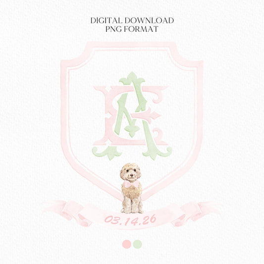 Watercolor Pink Classic Eucalyptus Ribbon Flower Wedding Crest - Monogram Crest -  Luxury Watercolor Wedding Crest - Romantic Wedding Crest