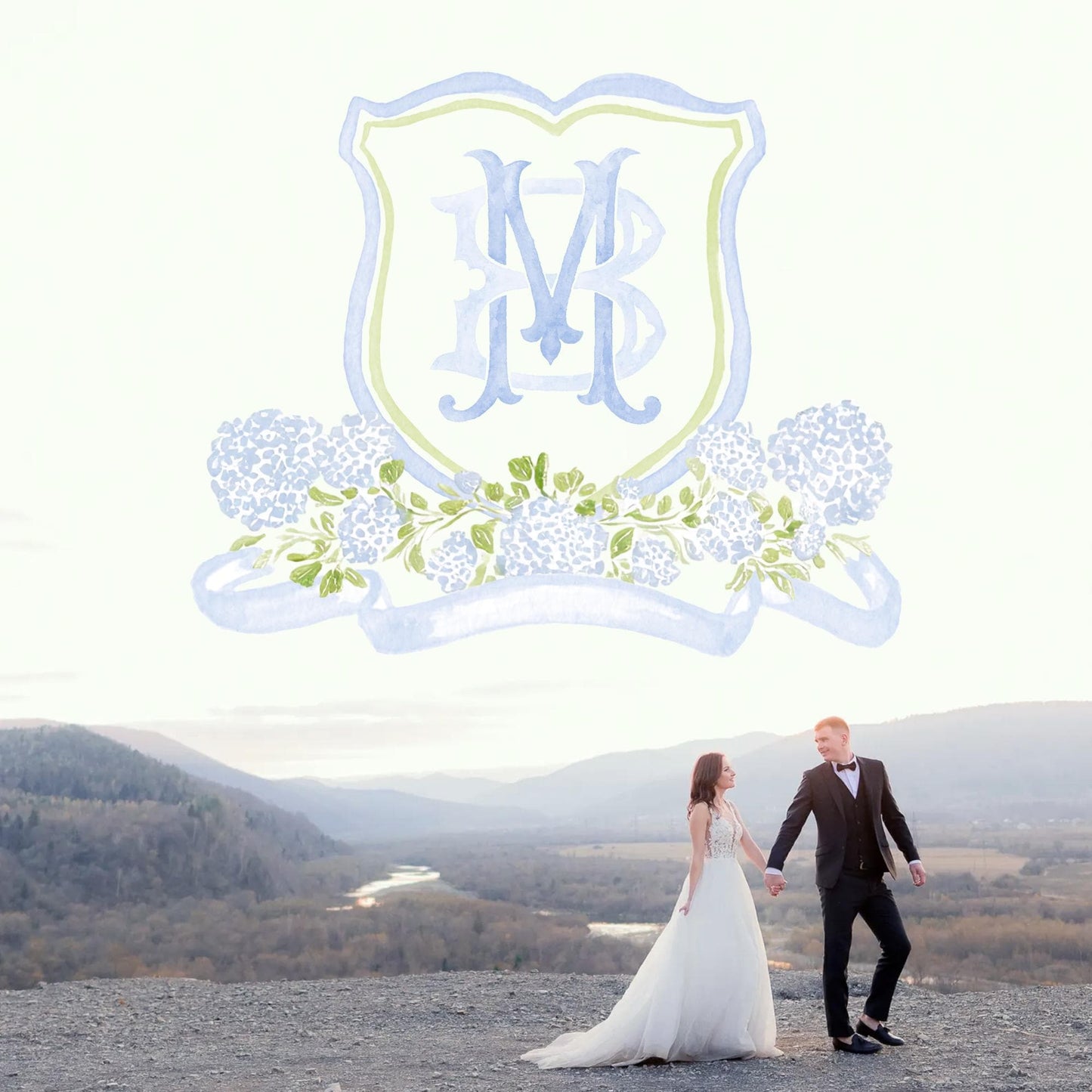 Watercolor Hydrangea Wedding Crest – Light Blue Floral Monogram (Digital Download)
