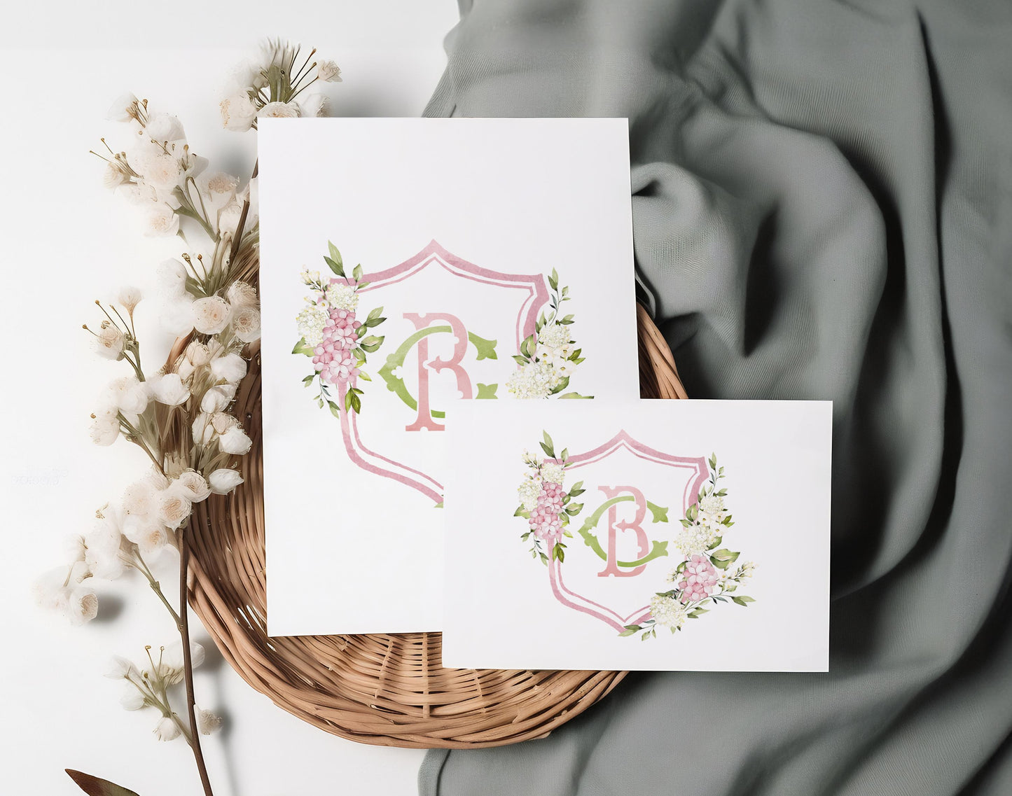 Pink Hydrangea Flower Wedding Crest - Monogram Crest - Hydrangea Floral Luxury Watercolor Wedding Crest - Romantic Wedding Crest