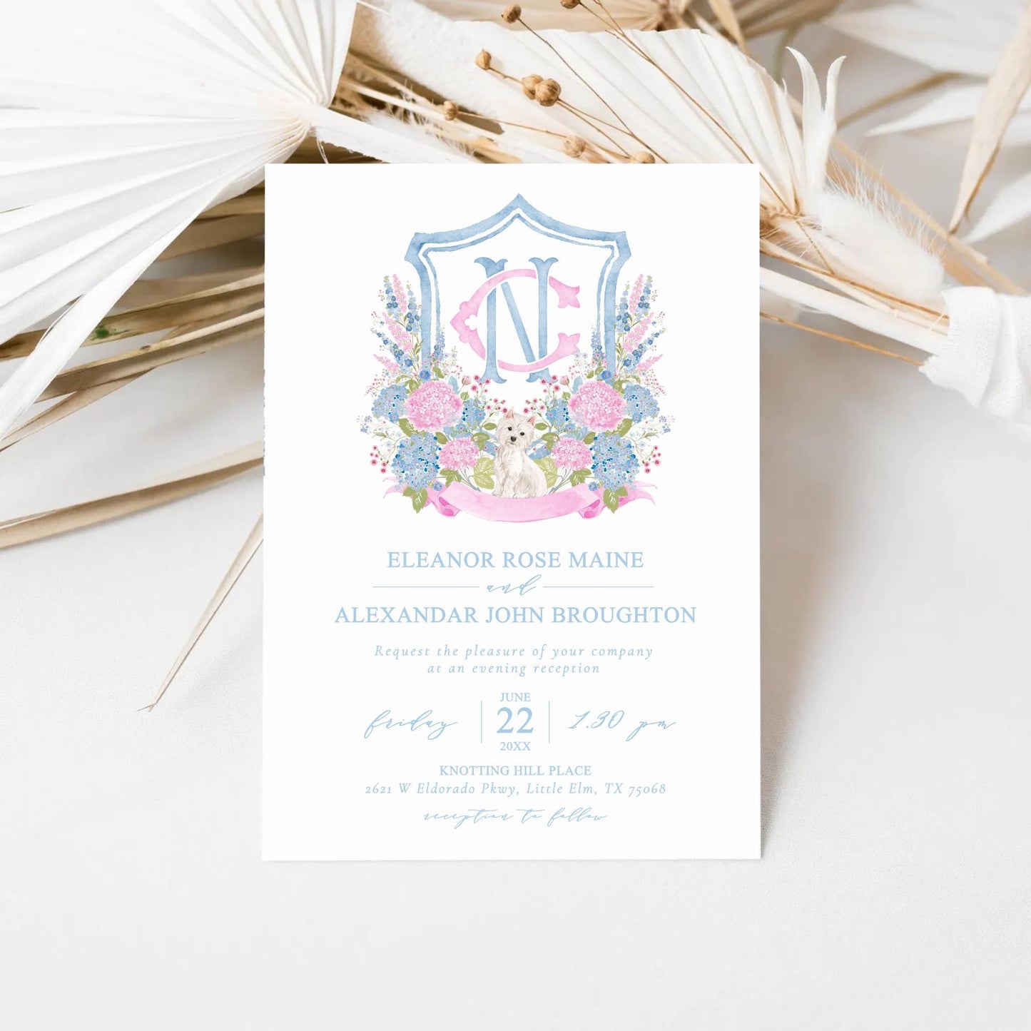 Hydrangea Blue Pink Wedding Family Crest - Light Pink Blue Hydrangea Flower Wedding Crest - Monogram Crest
