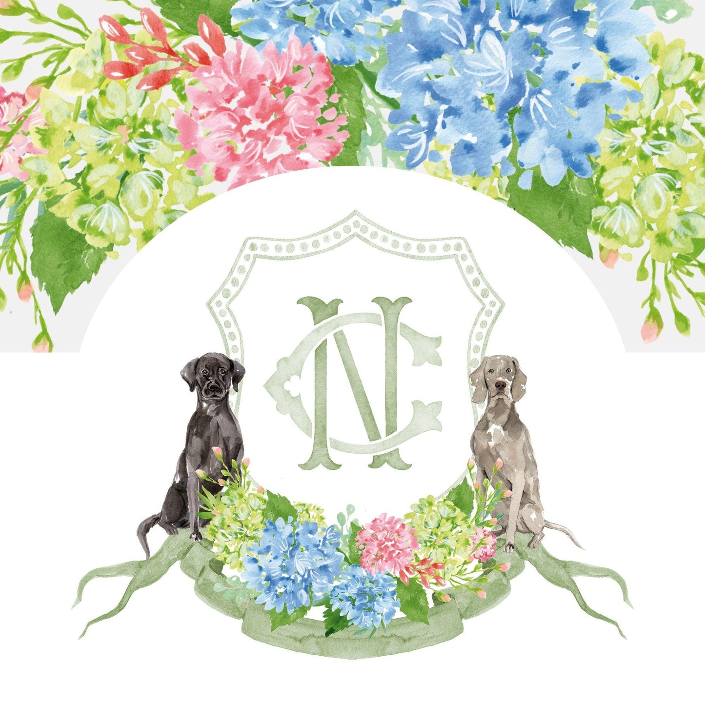 Hydrangea Blue Pink Wedding Crest - Monogram Crest - Hydrangea Green Floral Luxury Watercolor Wedding Crest - Romantic Wedding Crest