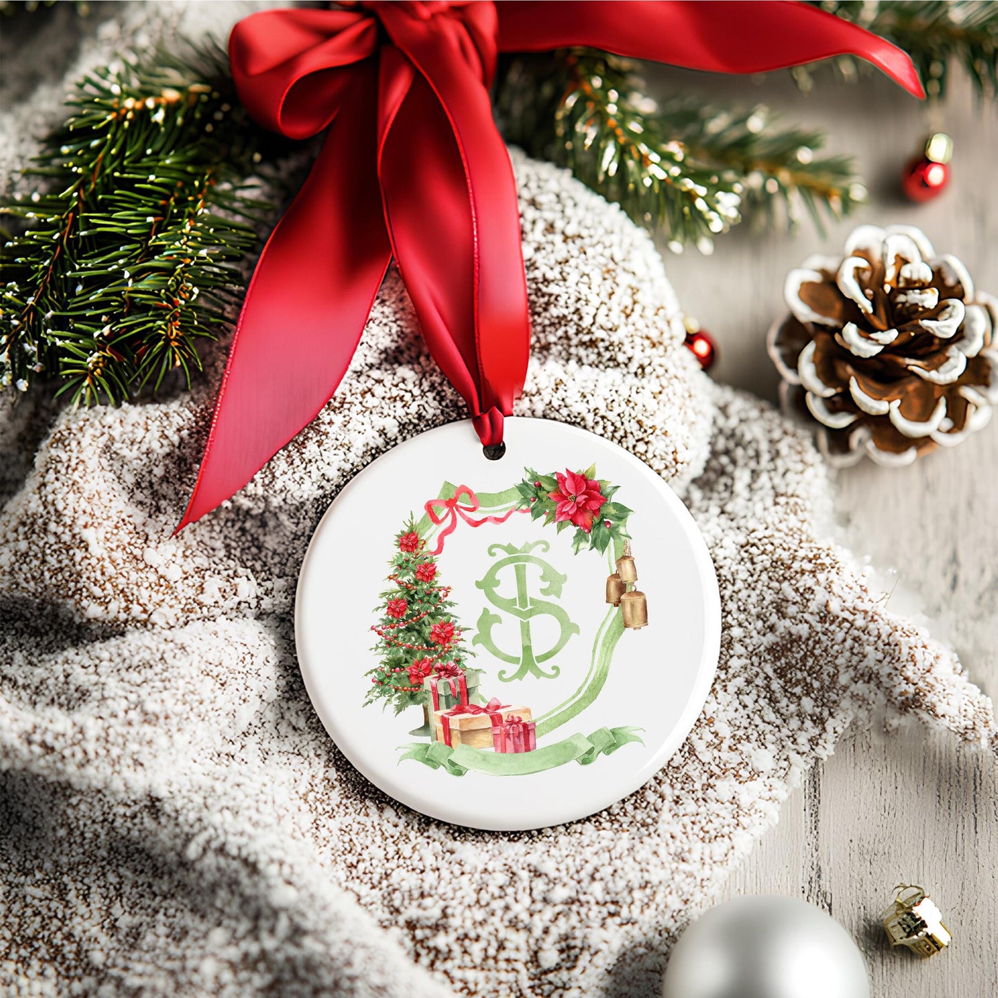 Red Green Christmas Crest - Monogram Crest - Christmas Watercolor Crest DIY - Luxury Watercolor Wedding Crest - Tree Christmas