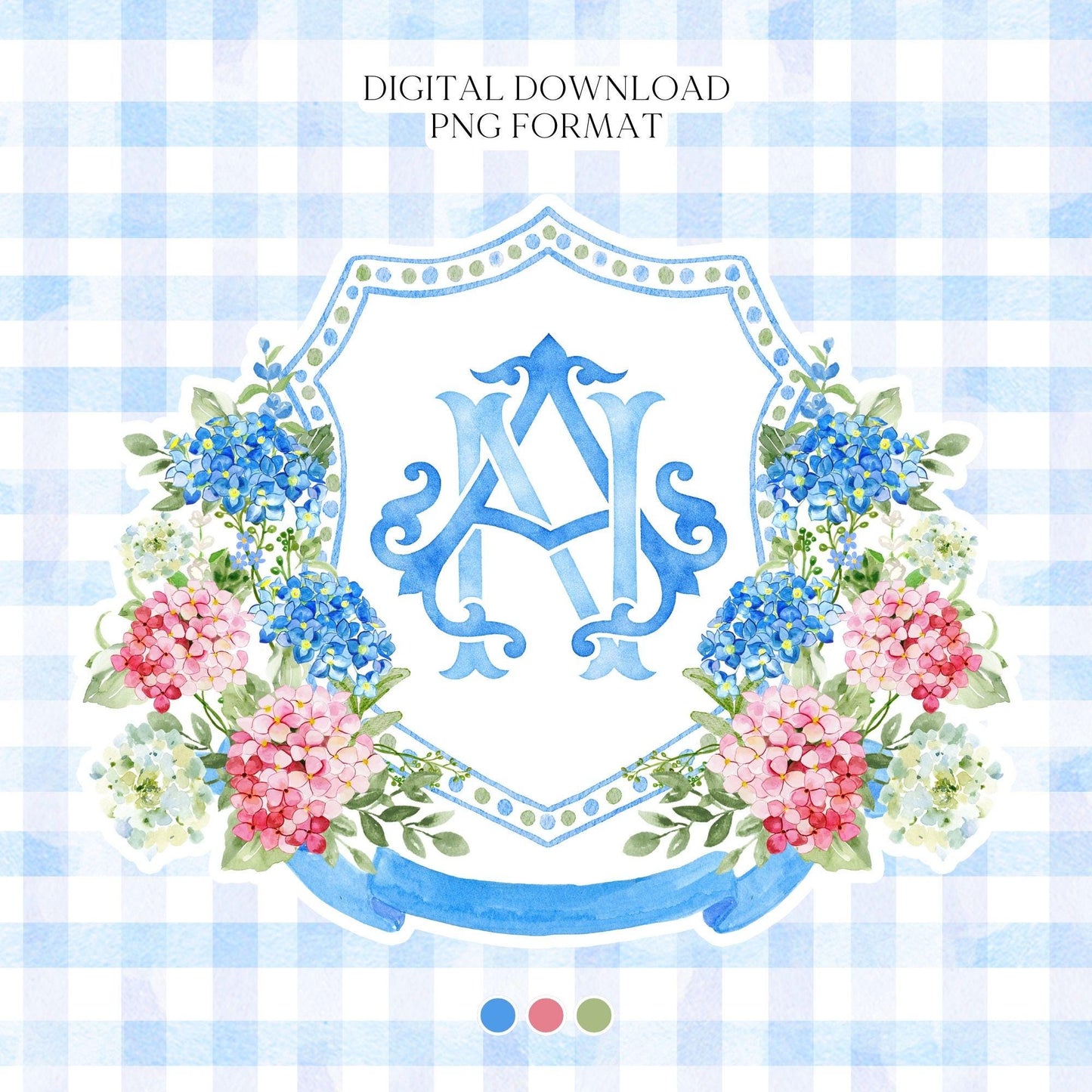 Watercolor Blue Pink Hydrangea Wedding Crest – Hydrangea Floral Monogram (Digital Download)