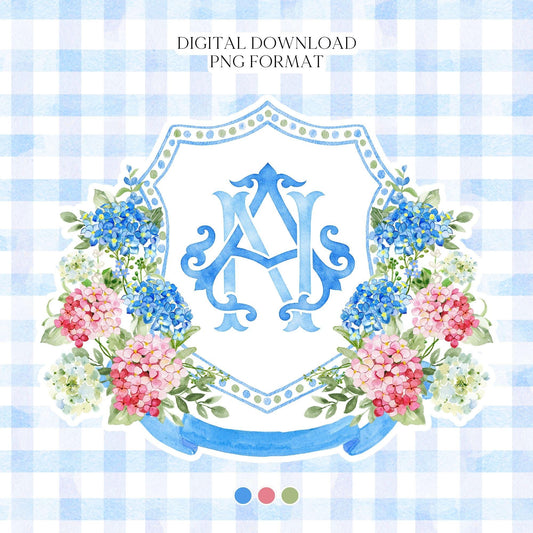 Watercolor Blue Pink Hydrangea Wedding Crest – Hydrangea Floral Monogram (Digital Download)