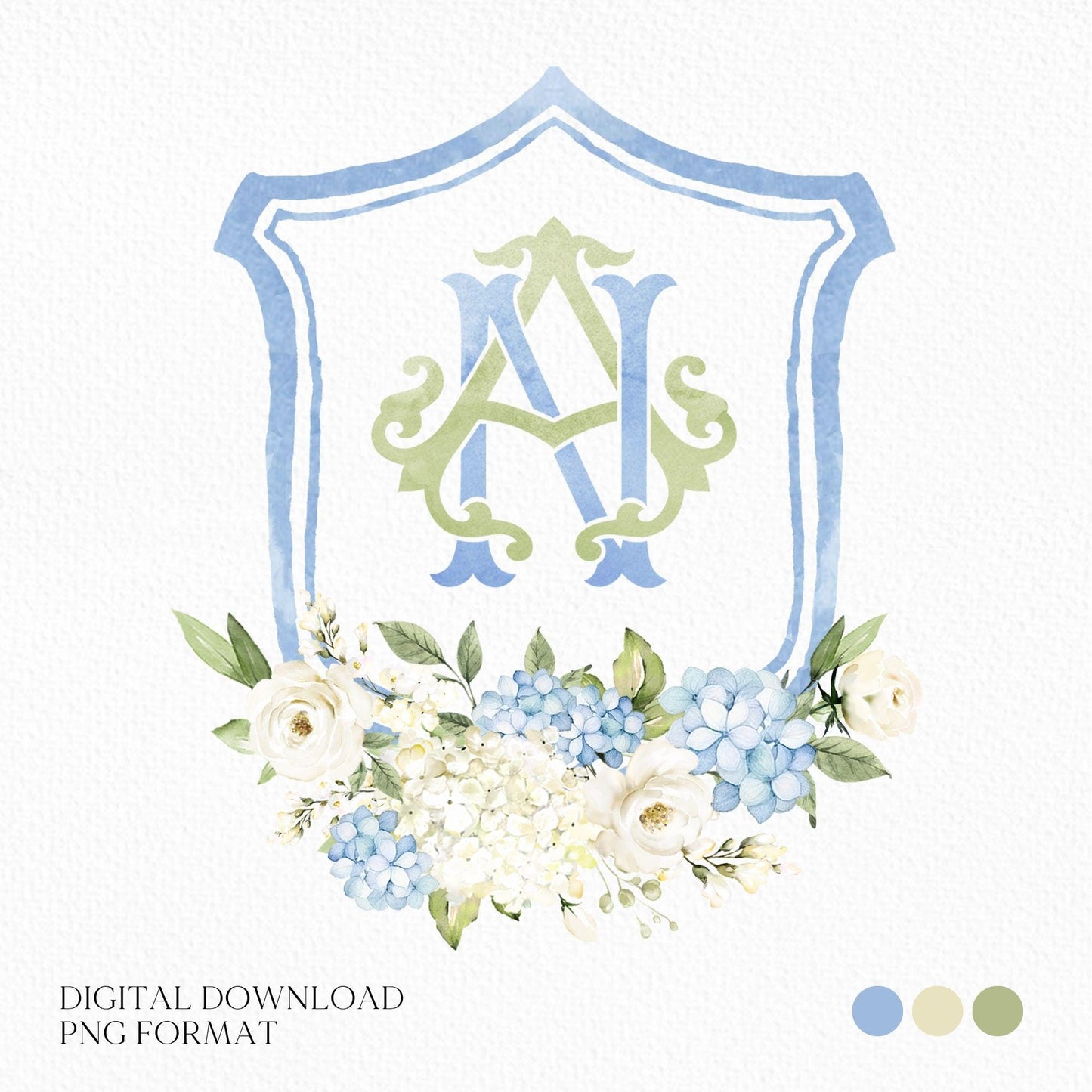 Dusty Blue Hydrangea Flower Wedding Crest - Monogram Crest - Hydrangea Floral Luxury Watercolor Wedding Crest - Romantic Wedding Crest