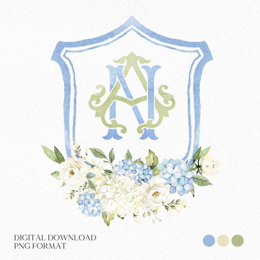 Dusty Blue Hydrangea Flower Wedding Crest - Monogram Crest - Hydrangea Floral Luxury Watercolor Wedding Crest - Romantic Wedding Crest