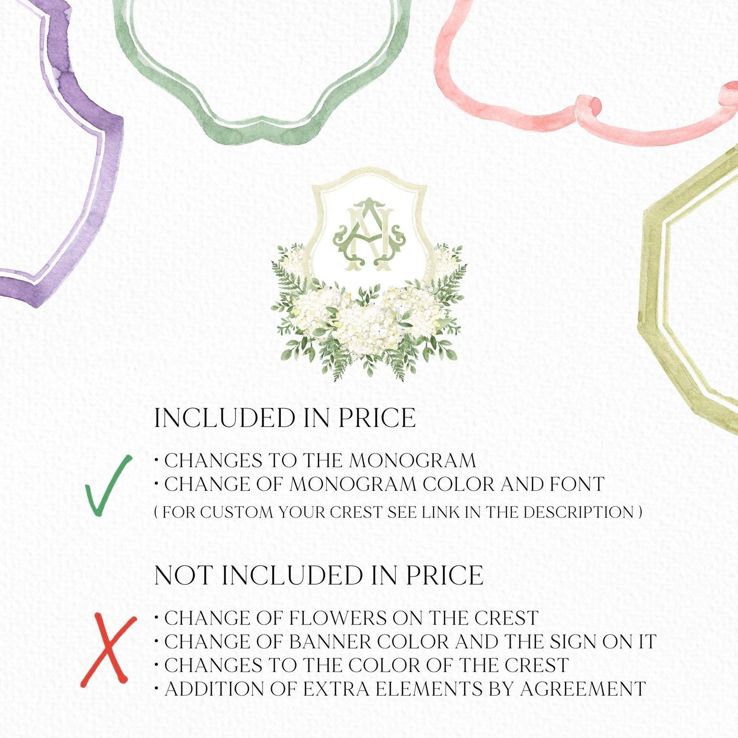 White Hydrangea Flower Greenery Wedding Crest - Monogram Crest - Hydrangea Floral Luxury Watercolor Wedding Crest - Romantic Wedding Crest