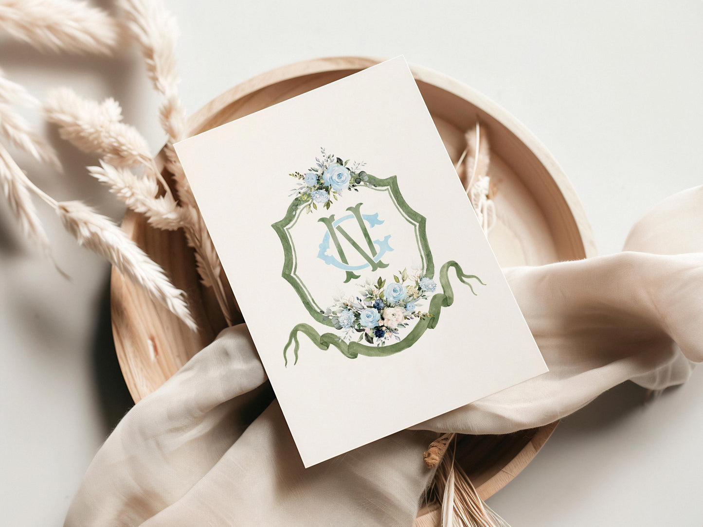 Soft Blue Roses Eucalyptus Flower Wedding Crest - Monogram Crest - Blue Floral Luxury Watercolor Wedding Crest - Romantic Wedding Crest
