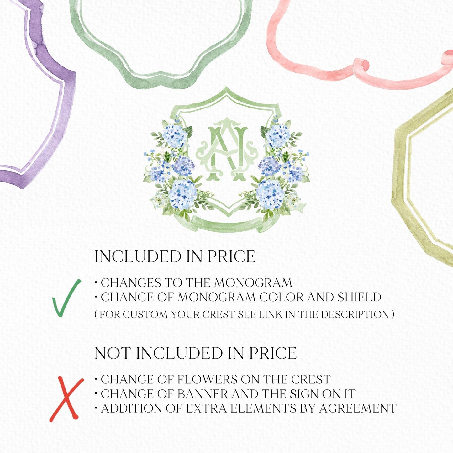 Hydrangea Blue Wedding Crest - Monogram Crest - Hydrangea Floral Luxury Watercolor Wedding Crest - Romantic Wedding Crest