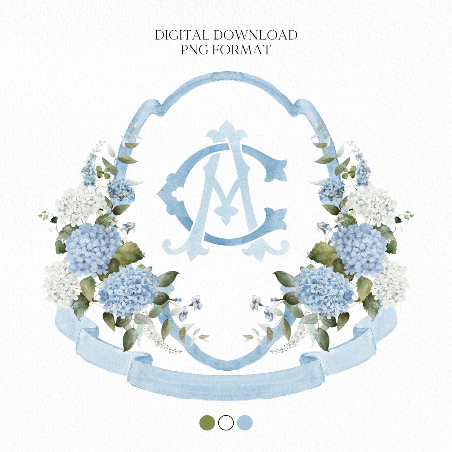 Hydrangea Flower Wedding Crest - Monogram Crest - Hydrangea Floral Luxury Watercolor Wedding Crest - Romantic Wedding Crest- Boho Hydrangea