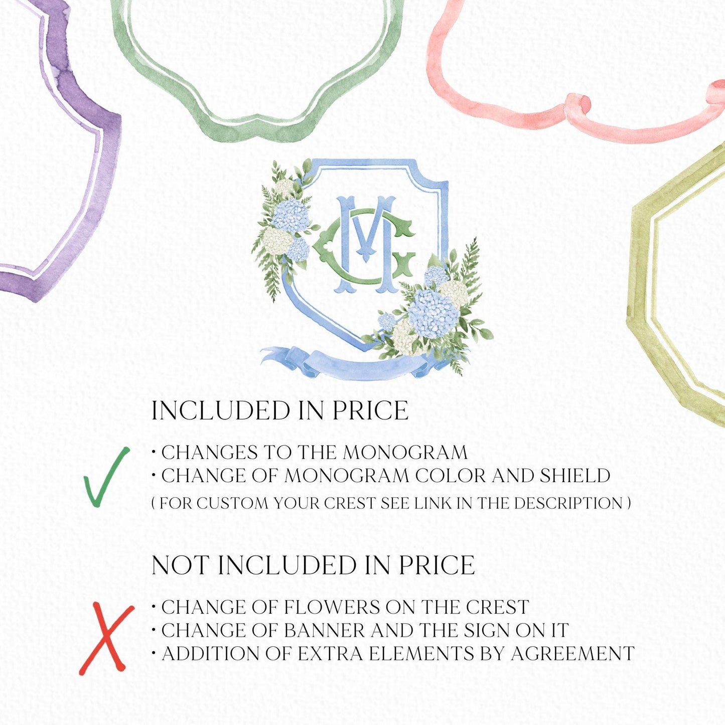 Blue White Hydrangea Flower Wedding Crest - Monogram Crest - Hydrangea Floral Luxury Watercolor Wedding Crest - Romantic Wedding Crest