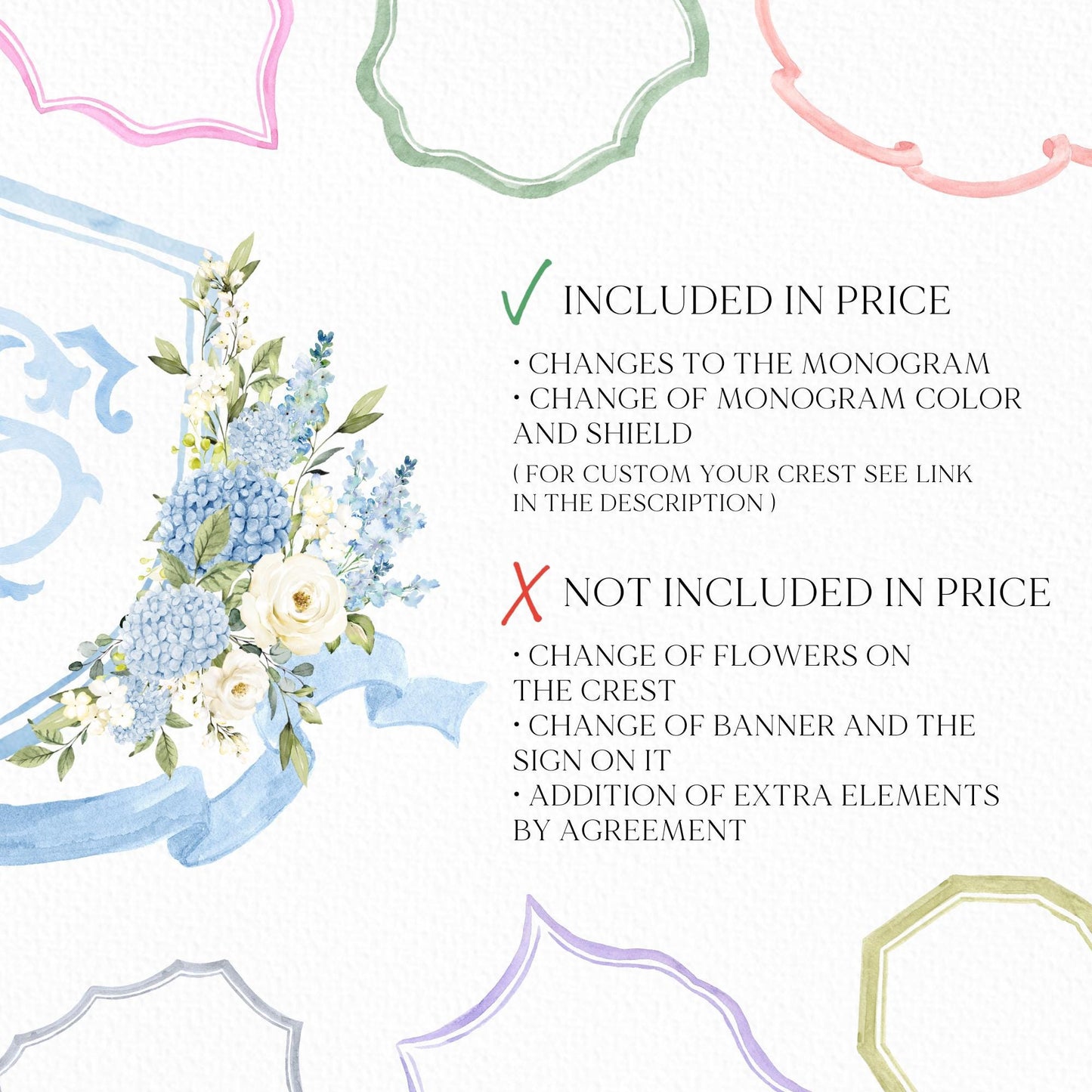 Blue Hydrangea Roses Flower Greenery Wedding Crest - Monogram Crest - Light Blue Delphinium Floral Luxury Watercolor Wedding Crest