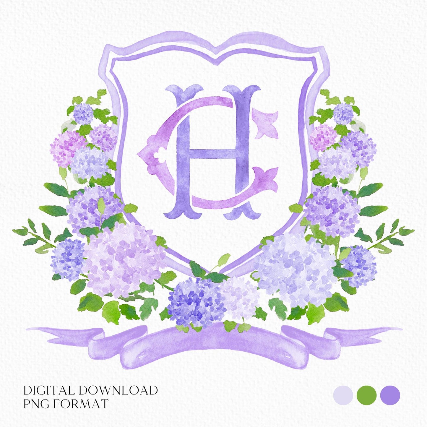 Purple Hydrangea Flower Wedding Crest - Monogram Crest - Light Purple Hydrangea Floral Watercolor Wedding Crest - Romantic Wedding Crest