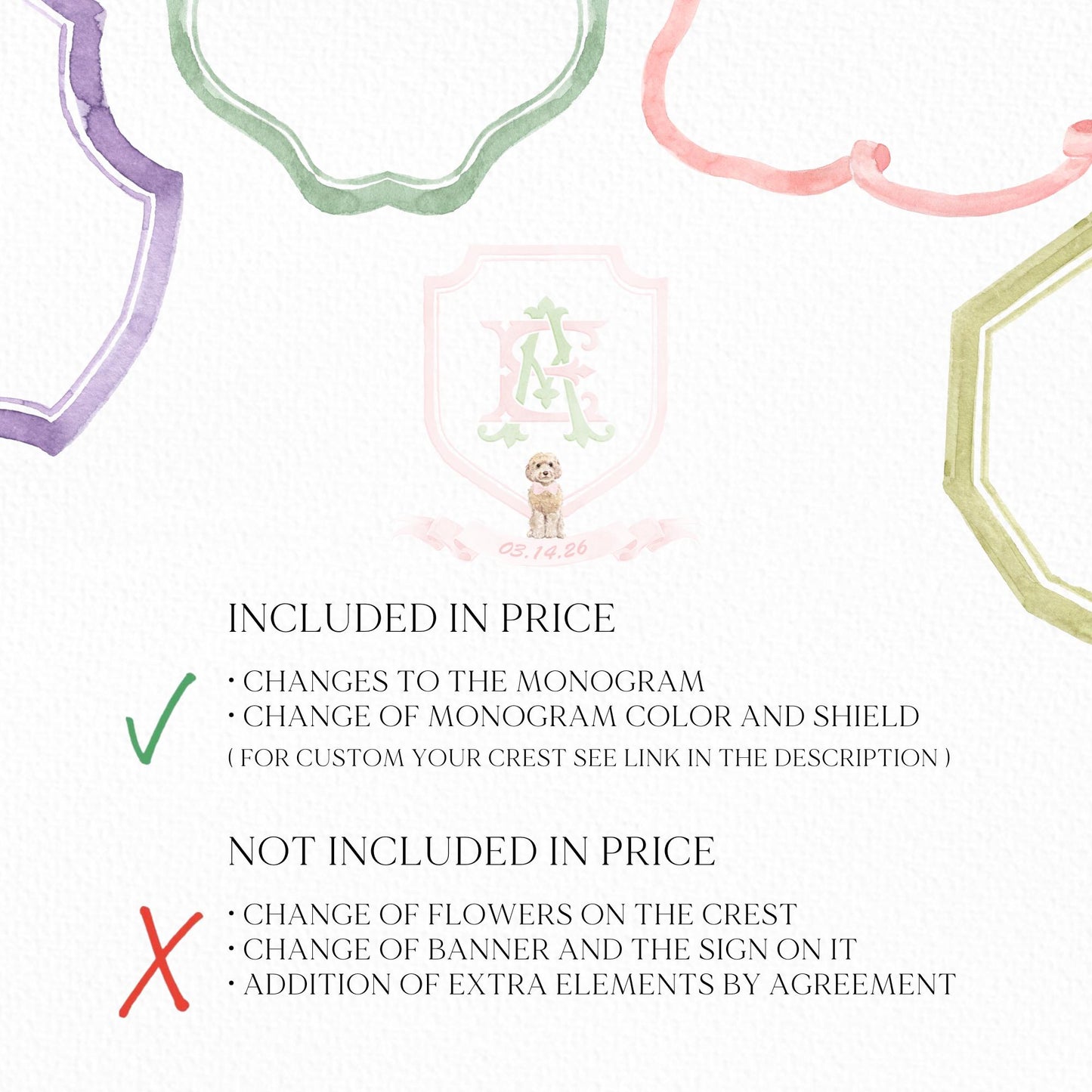 Watercolor Pink Classic Eucalyptus Ribbon Flower Wedding Crest - Monogram Crest -  Luxury Watercolor Wedding Crest - Romantic Wedding Crest