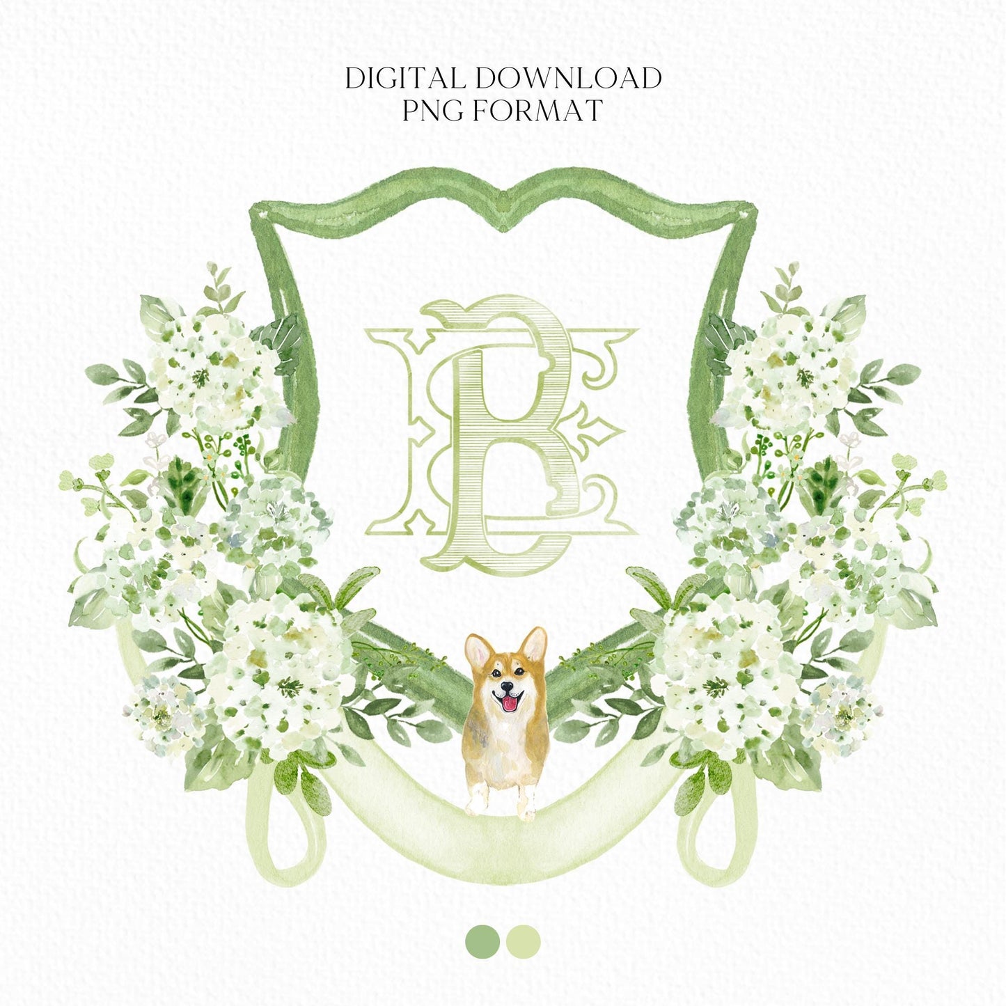 Green Hydrangea Flower Wedding Crest - Monogram Crest - Hydrangea White Floral Luxury Watercolor Wedding Crest - Romantic Wedding Crest