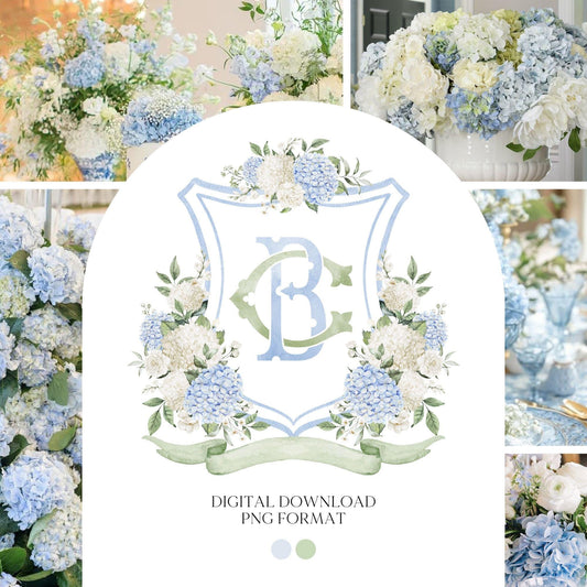 Hydrangea Flower Wedding Crest - Monogram Crest - Hydrangea Floral Luxury Watercolor Wedding Crest - Romantic Wedding Crest- Boho Hydrangea
