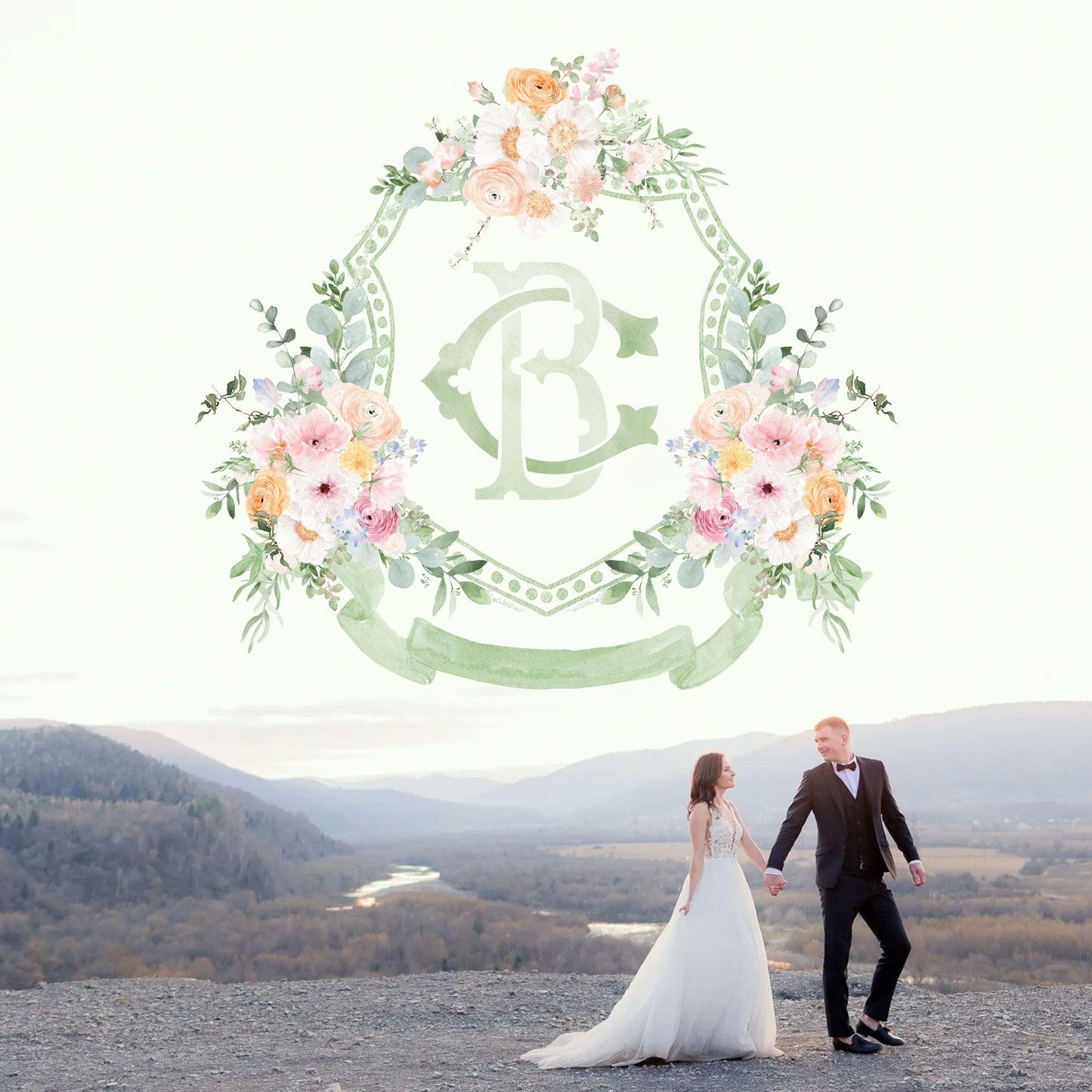 Wildflower Prink Spring Flower Wedding Crest - Monogram Crest - Wildflower bohemian Floral Watercolor Wedding Crest - Romantic Wedding Crest