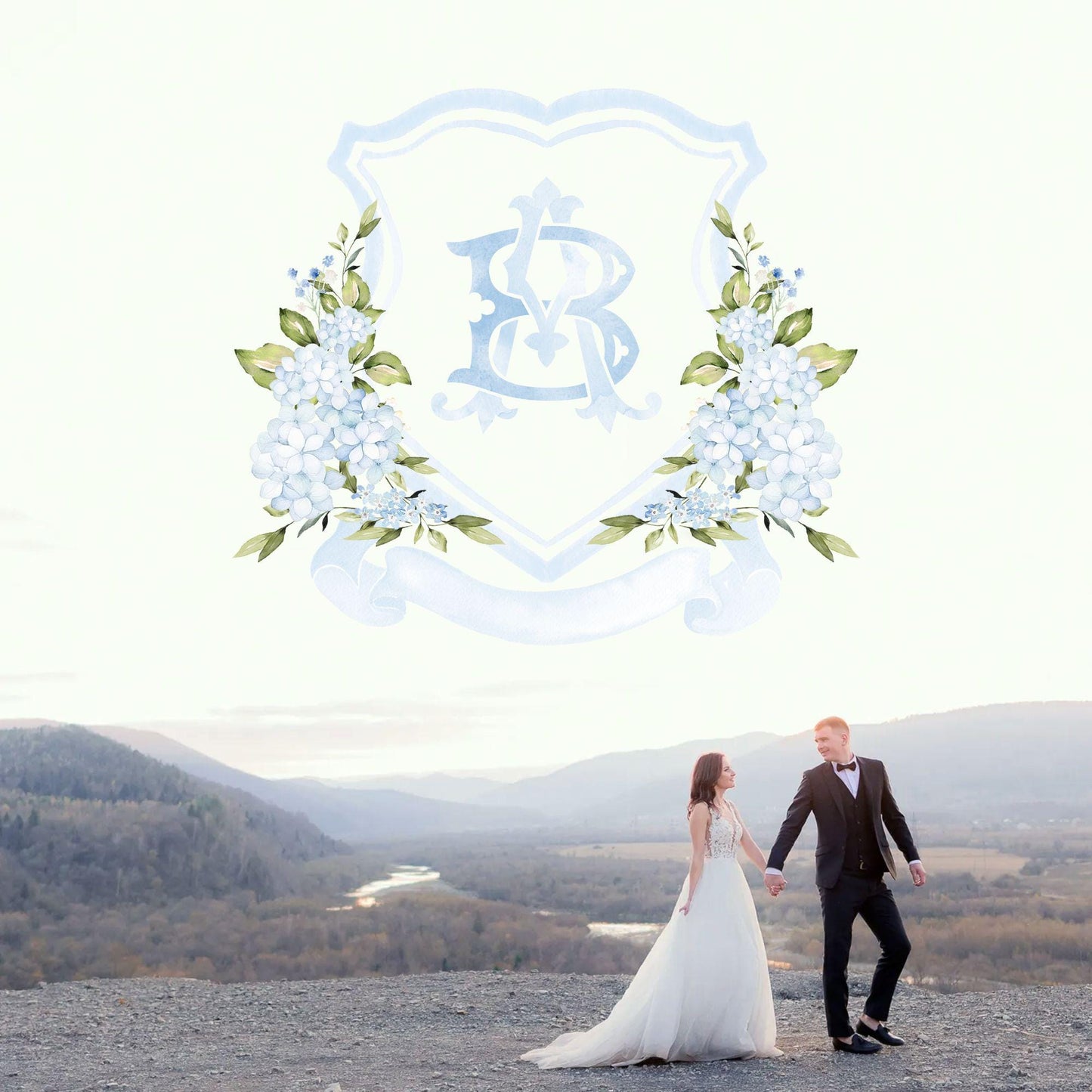 Light Blue Hydrangea Flower Wedding Crest - Monogram Crest - Hydrangea Floral Luxury Watercolor Wedding Crest - Romantic Wedding Crest