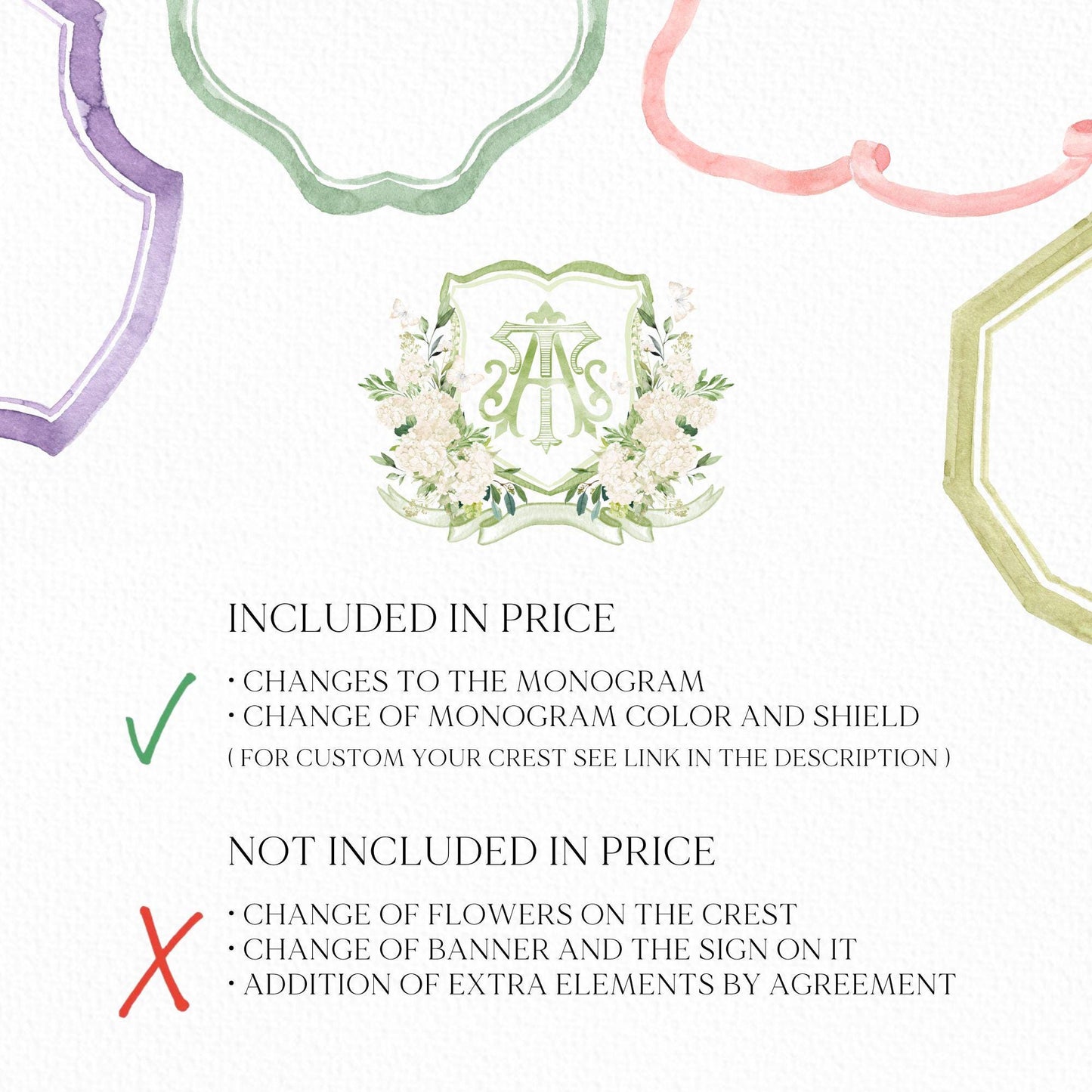White Hydrangea Flower Wedding Crest - Monogram Crest - Hydrangea Floral Watercolor Wedding Crest - Romantic Wedding Crest - Boho Hydrangea