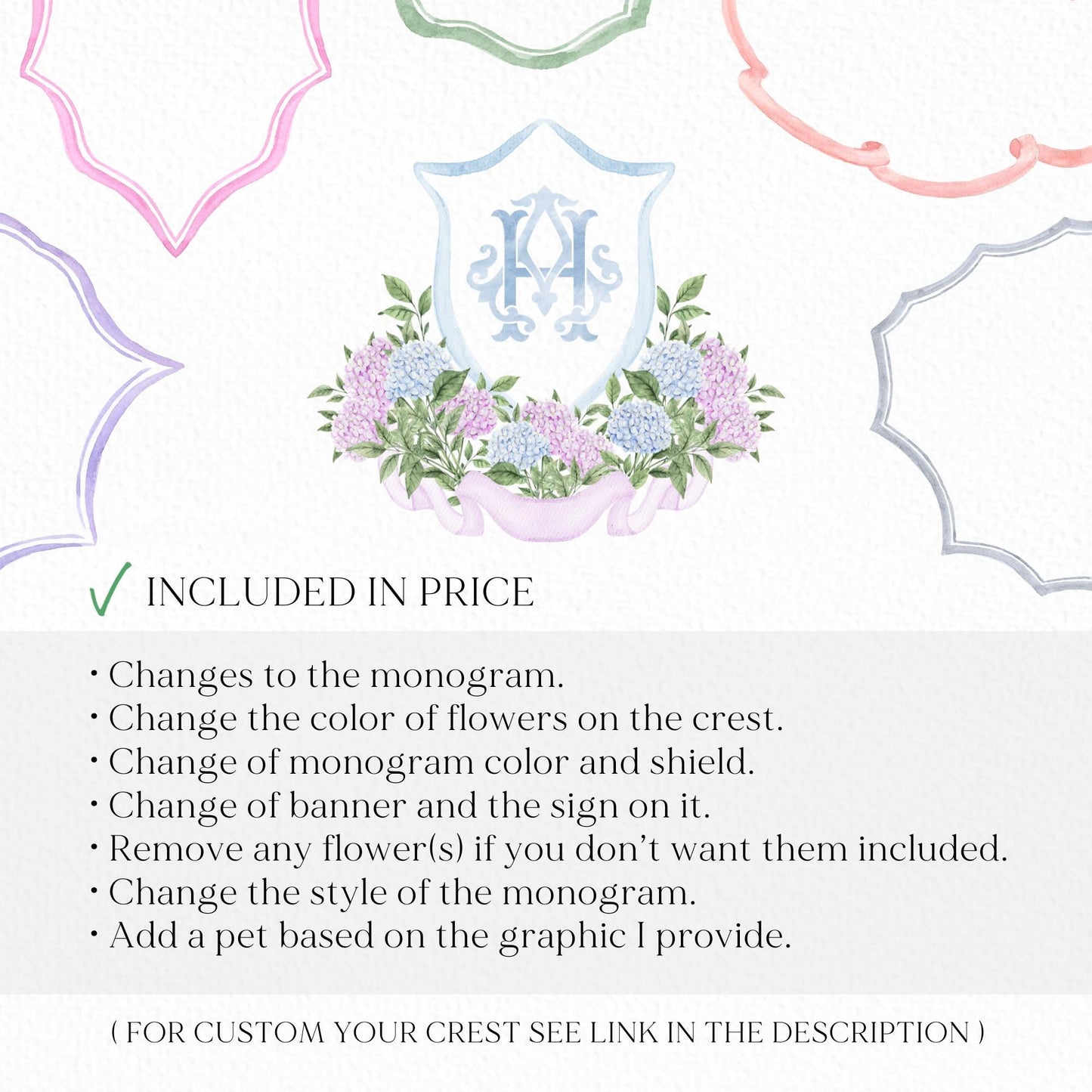 Hydrangea Light Blue Flower Wedding Crest - Monogram Crest - Purple Hydrangea White Floral Watercolor Wedding Crest Romantic Wedding Crest
