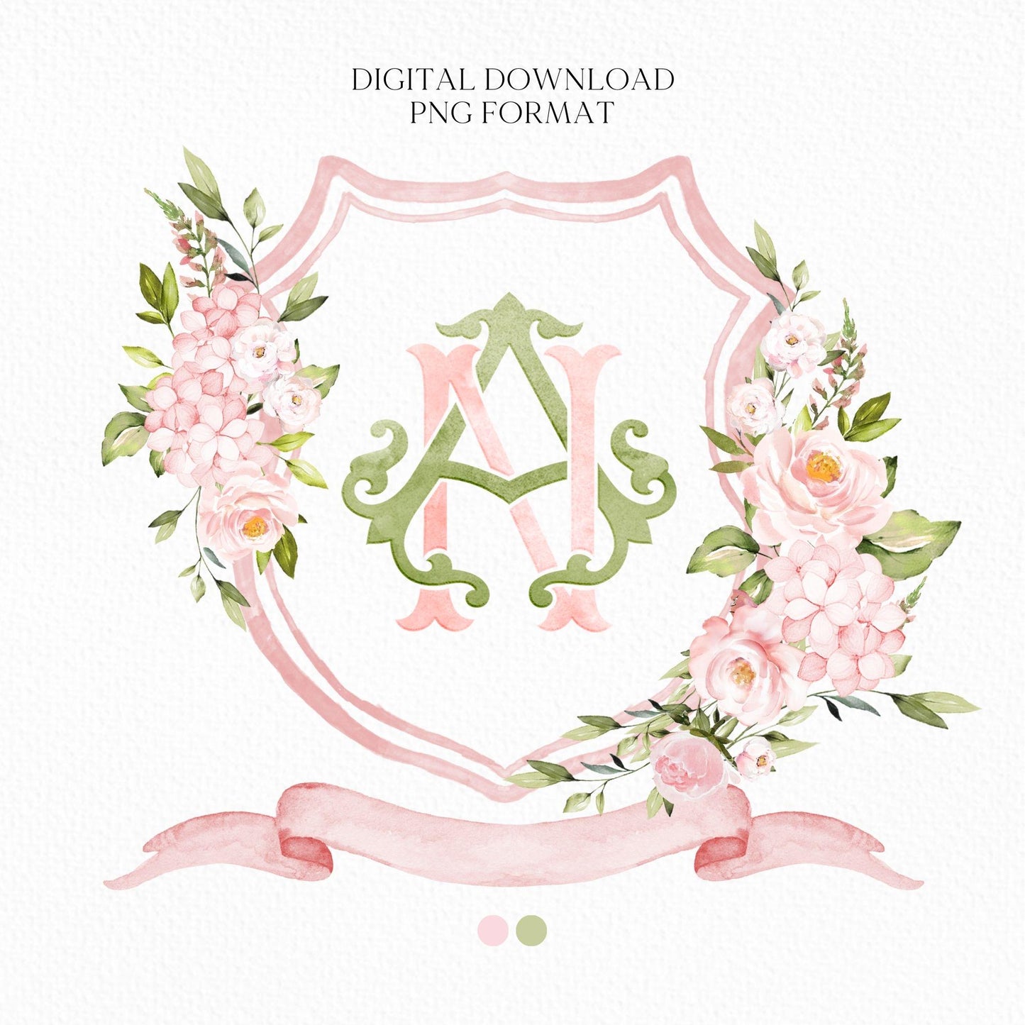 Pink Hydrangea Blush Pink Rose Flower Wedding Crest - Monogram Crest - Hydrangea Floral Luxury Watercolor Wedding Crest