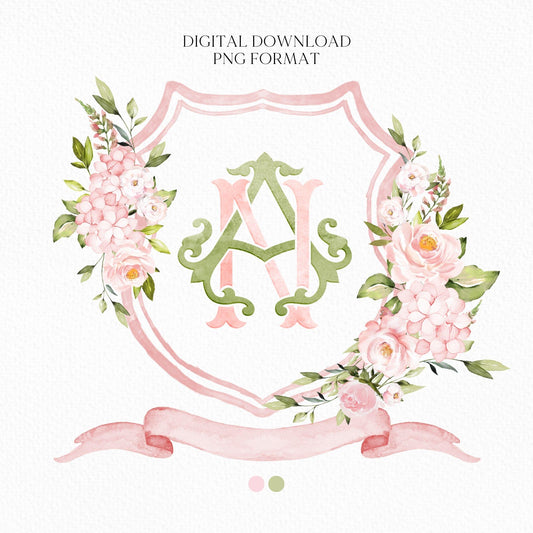 Pink Hydrangea Blush Pink Rose Flower Wedding Crest - Monogram Crest - Hydrangea Floral Luxury Watercolor Wedding Crest