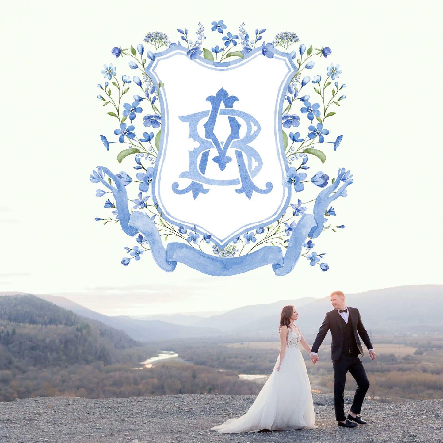 Blue WildFlower Wedding Crest - Monogram Crest - WildFlower Floral Luxury Watercolor Wedding Crest - Romantic Wedding Crest- Boho WildFlower