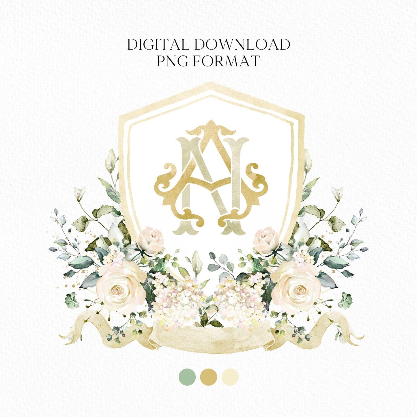 White Rose Greenery White Flower Wedding Crest - Monogram Crest - White Floral Watercolor Wedding Crest - Romantic Wedding Crest