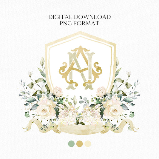 White Rose Greenery White Flower Wedding Crest - Monogram Crest - White Floral Watercolor Wedding Crest - Romantic Wedding Crest