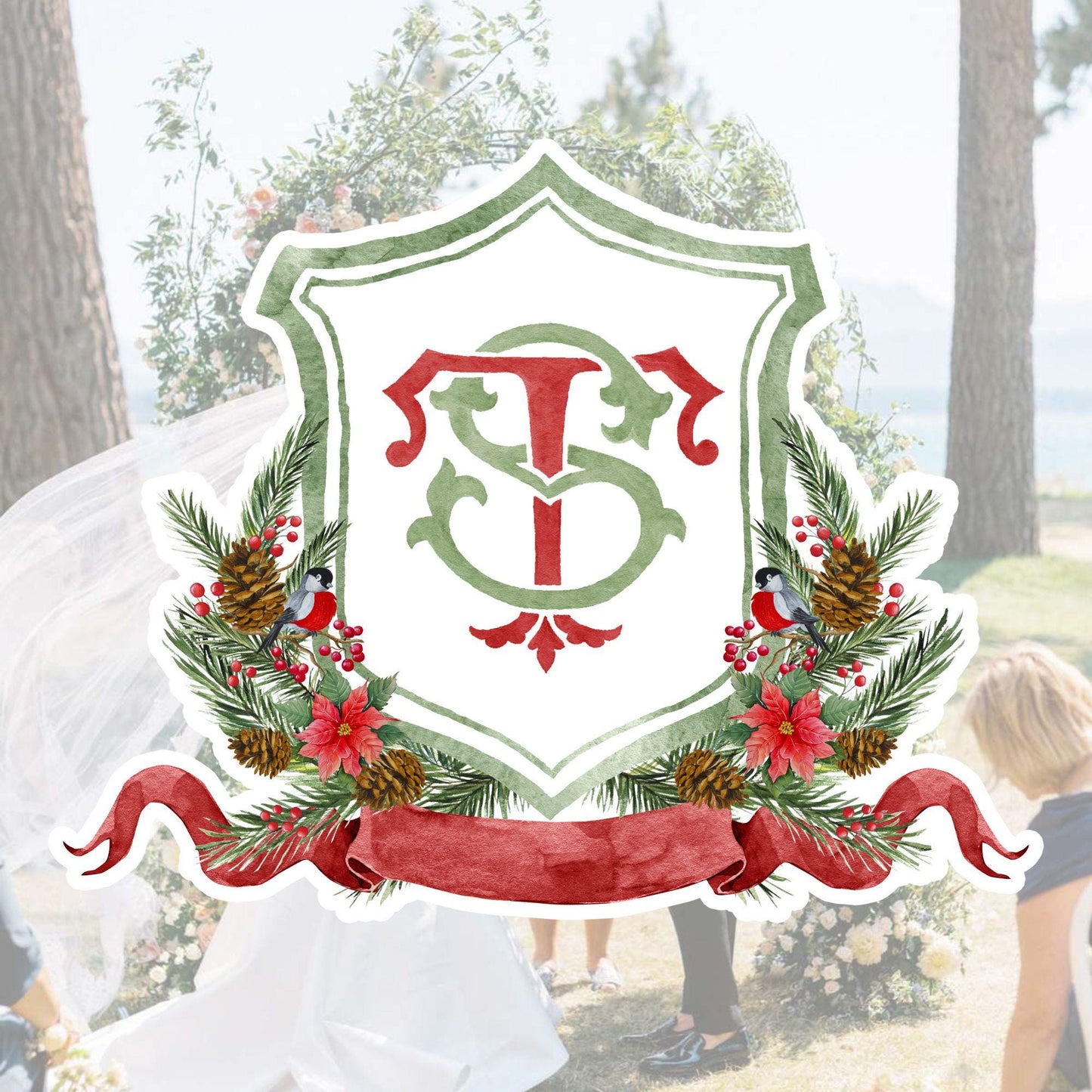 Custom Christmas Wedding Crest - Monogram Crest - Rose Hips Floral Watercolor Wedding Crest - Winter Christmas Wedding Crest - Winter Crest