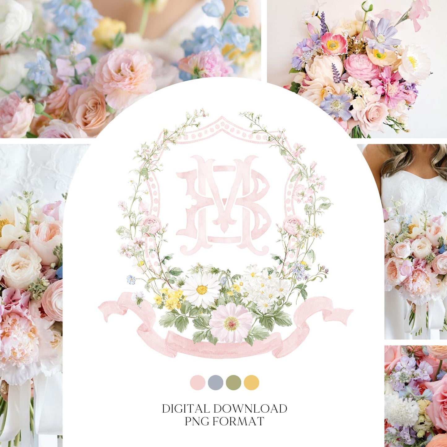 Pastel Wildflowers Light Pink Watercolor Wedding Crest - Monogram Crest - Floral Watercolor Wedding Crest - Romantic Wedding Crest
