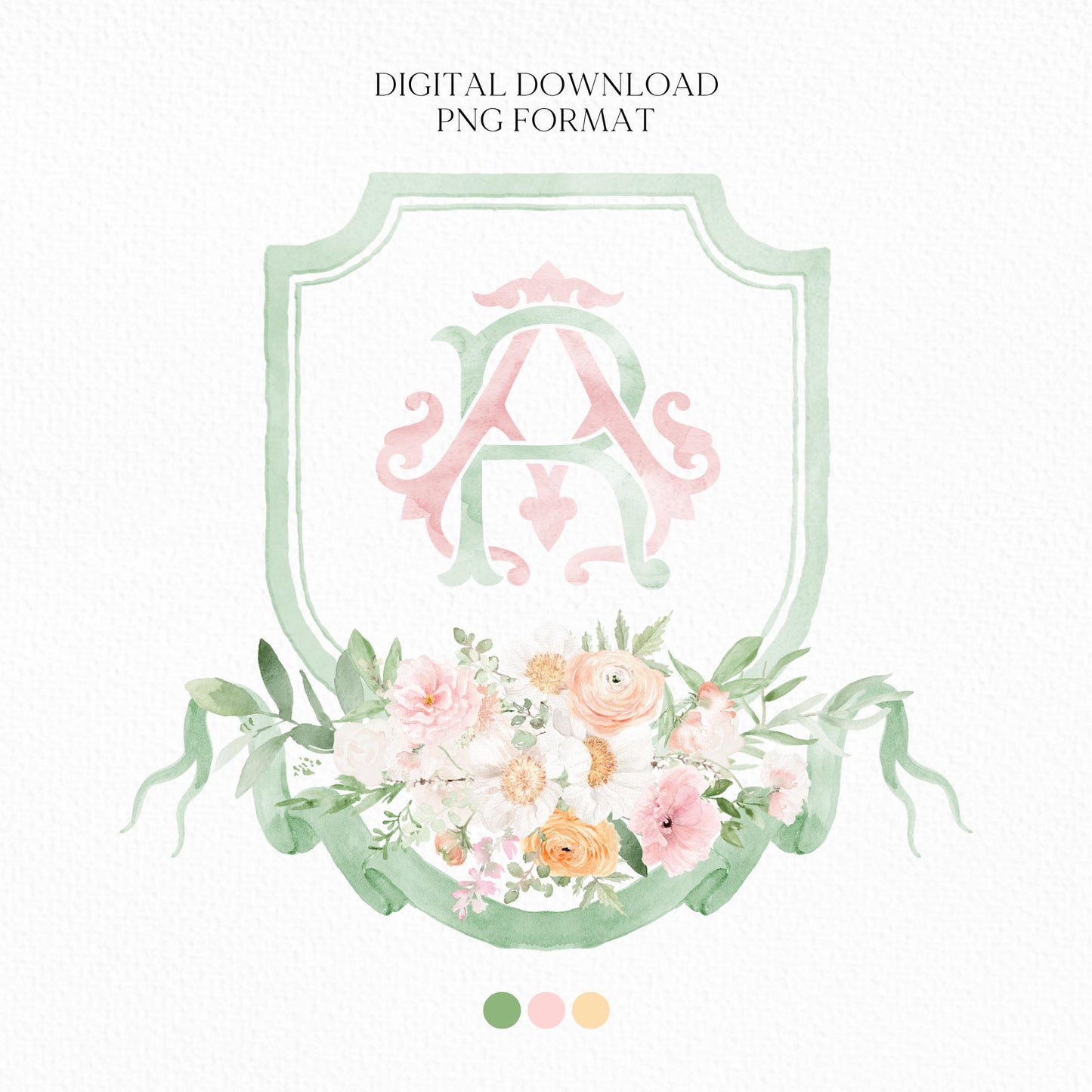 Wildflowers Pink Flower Garden Flowers Wedding Crest - Monogram Crest - Floral Luxury Watercolor Wedding Crest - Romantic Wedding Crest