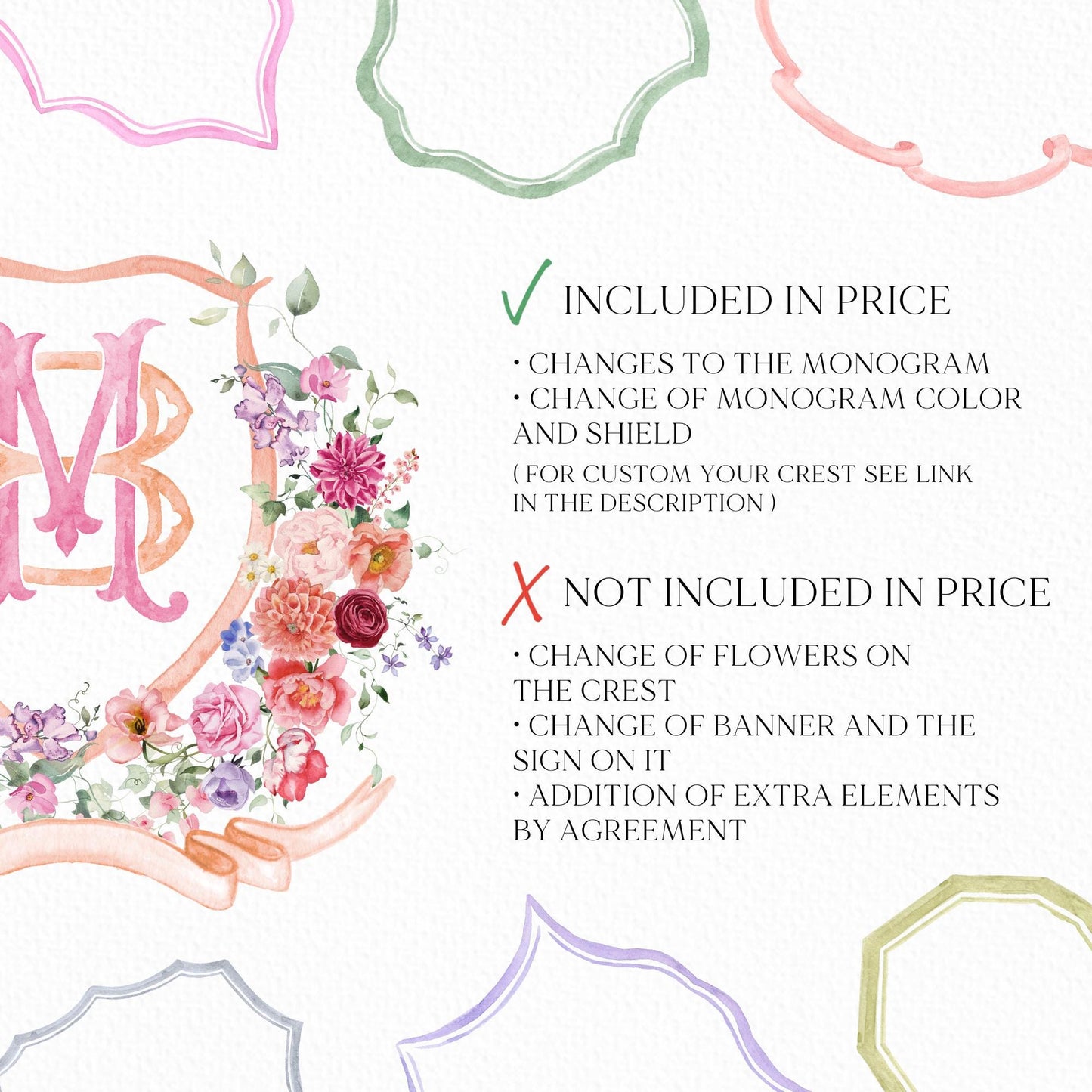 Wildflower Pink Flower Wedding Crest - Monogram Crest - Floral Luxury Watercolor Wedding Crest - Romantic Wedding Crest