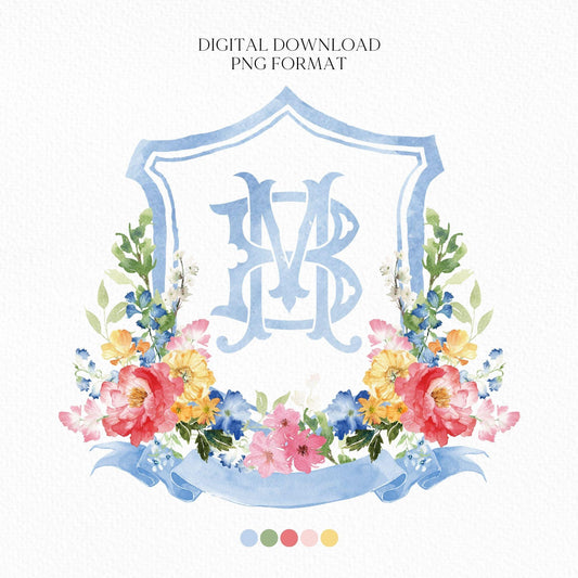 Wildflowers Bright Floral Colorful Watercolor Wedding Crest - Monogram Crest - Floral Watercolor Wedding Crest - Romantic Wedding Crest