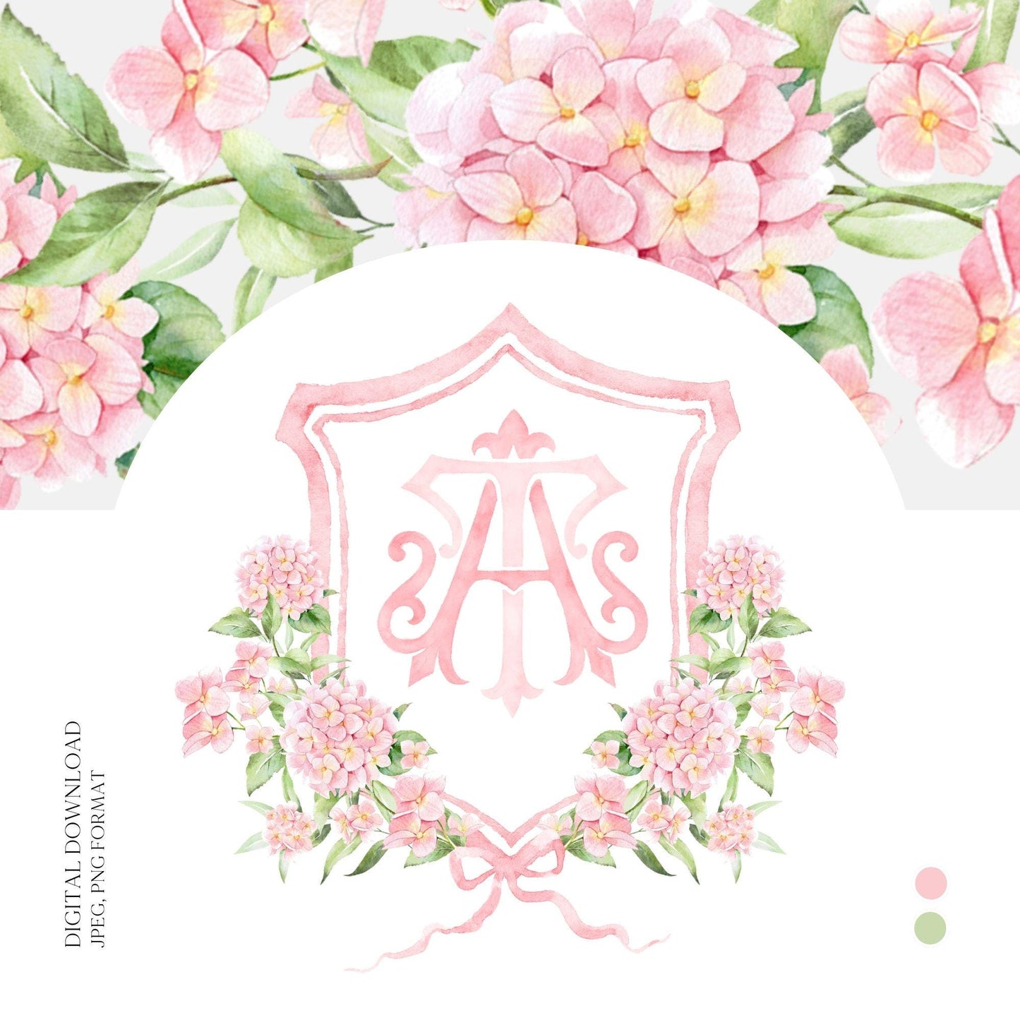 Pink Hydrangea Flower Wedding Crest - Monogram Crest - Light Pink Hydrangea Floral Luxury Watercolor Wedding Crest - Romantic Wedding Crest