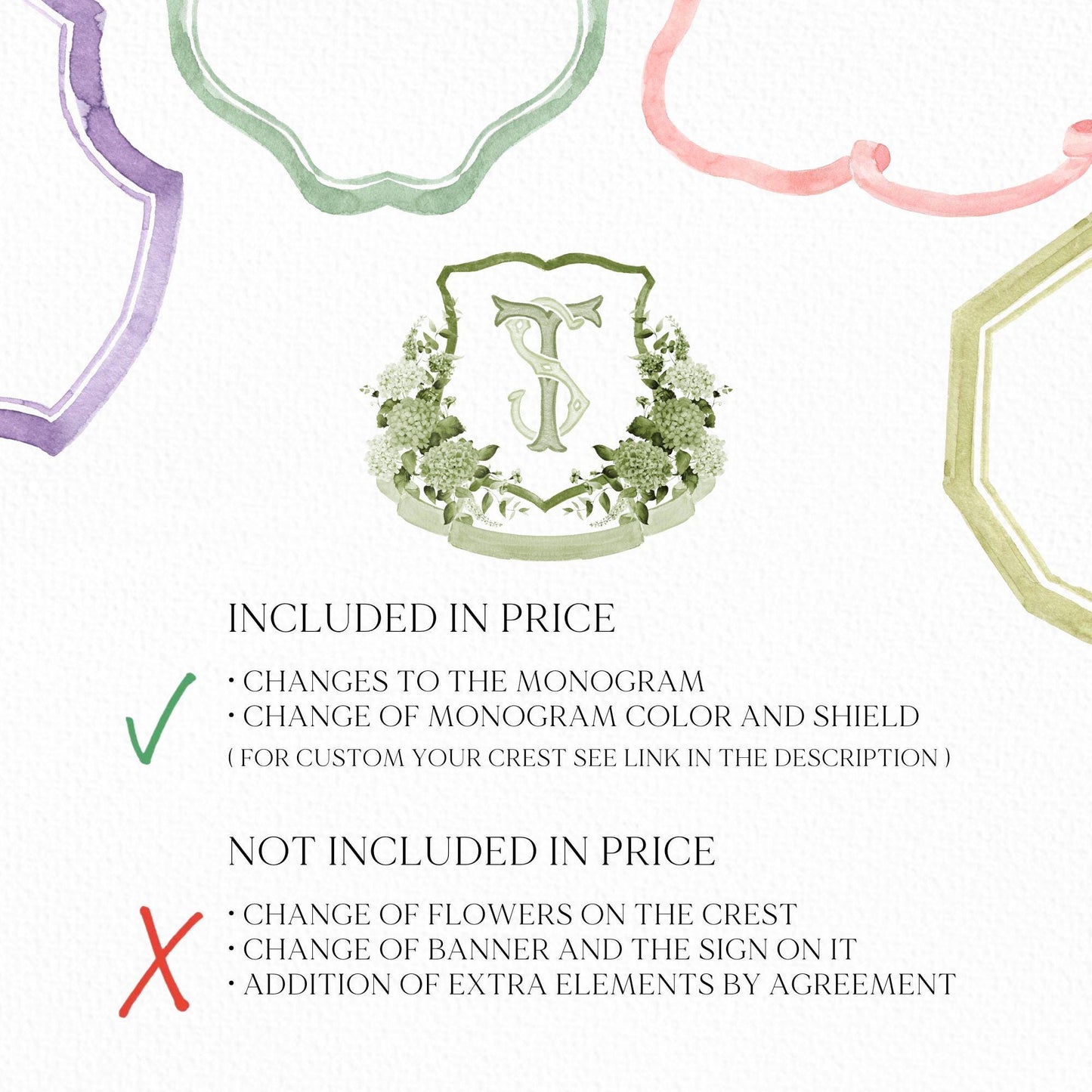 Green Hydrangea Flower Wedding Crest - Monogram Crest - Hydrangea Floral Watercolor Wedding Crest - Romantic Wedding Crest - Boho Hydrangea