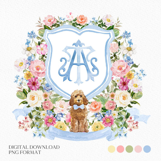 Wildflowers Bright Floral Colorful Watercolor Wedding Crest - Monogram Crest - Floral Watercolor Wedding Crest - Romantic Wedding Crest