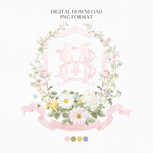 Pastel Wildflowers Light Pink Watercolor Wedding Crest - Monogram Crest - Floral Watercolor Wedding Crest - Romantic Wedding Crest