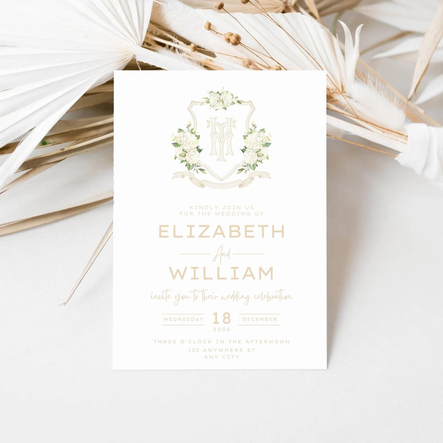Hydrangea White Flower Wedding Crest - Monogram Crest - White Hydrangea Floral Luxury Watercolor Wedding Crest - Romantic Wedding Crest