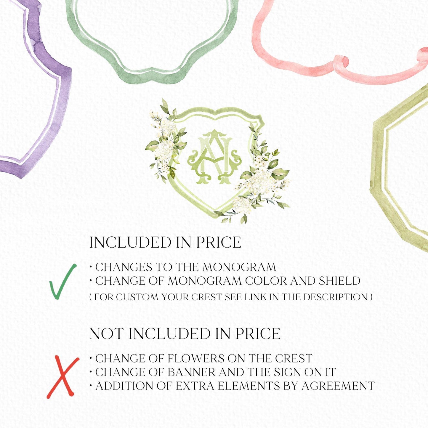 White Hydrangea Flower Greenery Wedding Crest - Monogram Crest - Hydrangea Floral Luxury Watercolor Wedding Crest - Romantic Wedding Crest