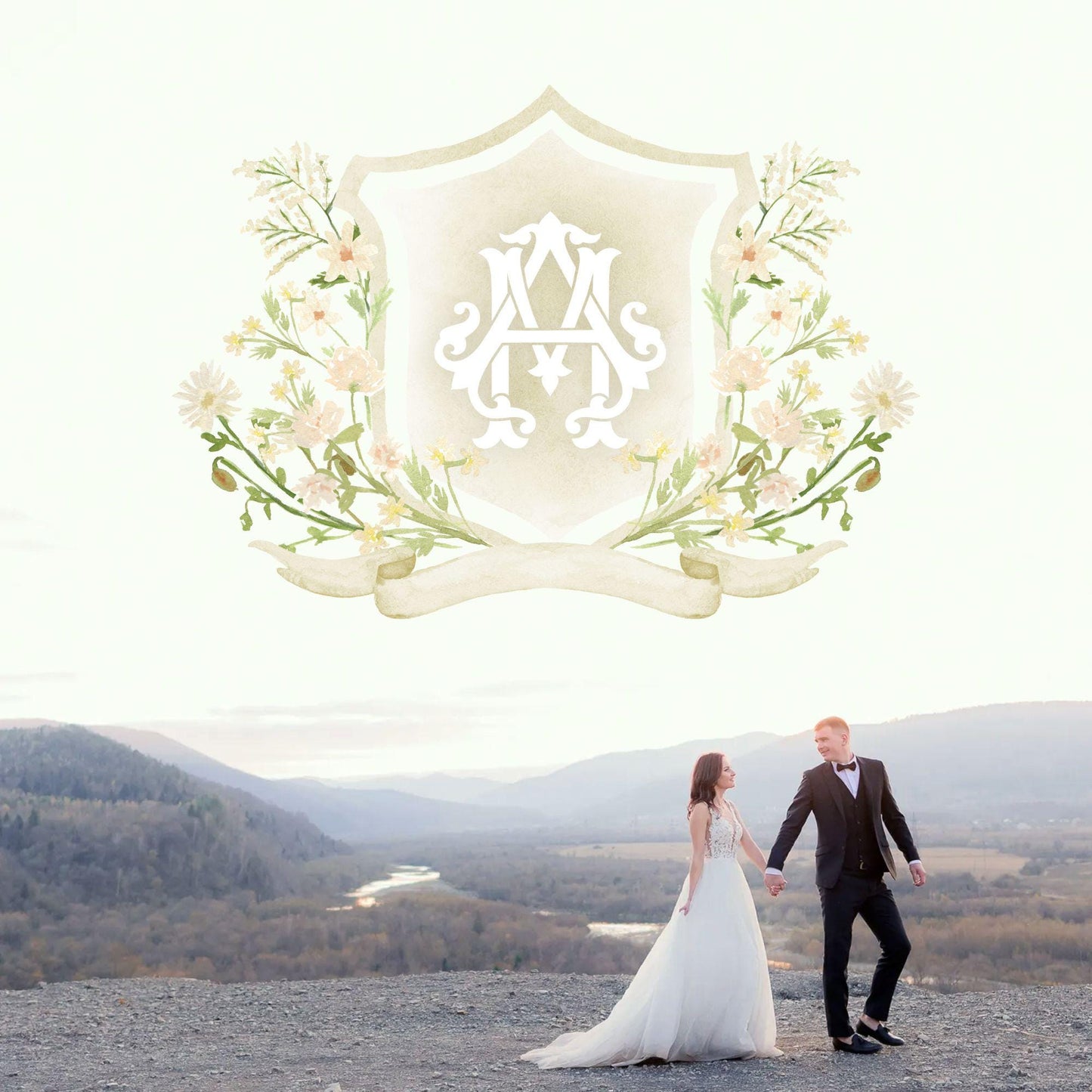 White WildFlower Wedding Crest - Monogram Crest - WildFlower Floral Luxury Watercolor Wedding Crest - Romantic Wedding Crest