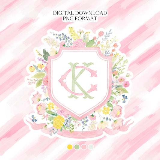 Wildflowers Bright Floral Colorful Watercolor Wedding Crest - Monogram Crest - Floral Watercolor Wedding Crest - Romantic Wedding Crest