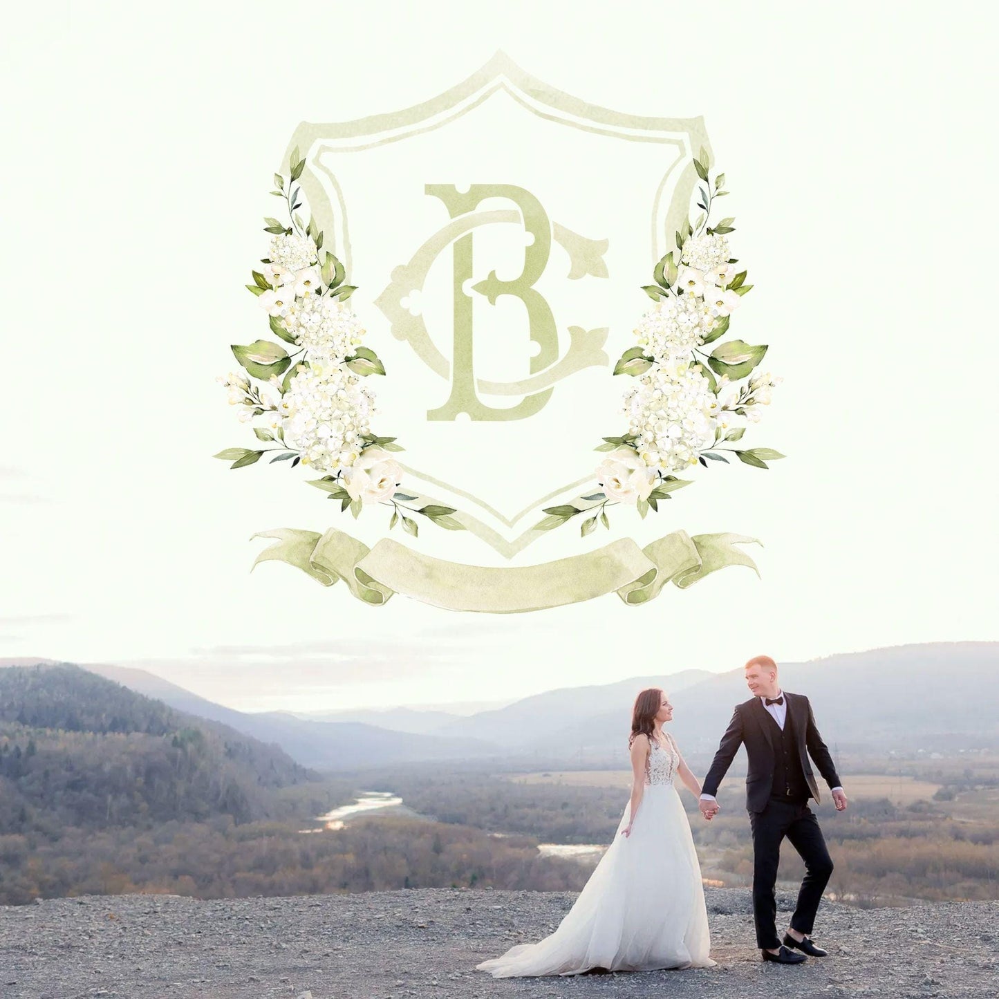 White Hydrangea Flower Wedding Crest - Monogram Crest - Hydrangea Floral Watercolor Wedding Crest - Romantic Wedding Crest - Boho Hydrangea