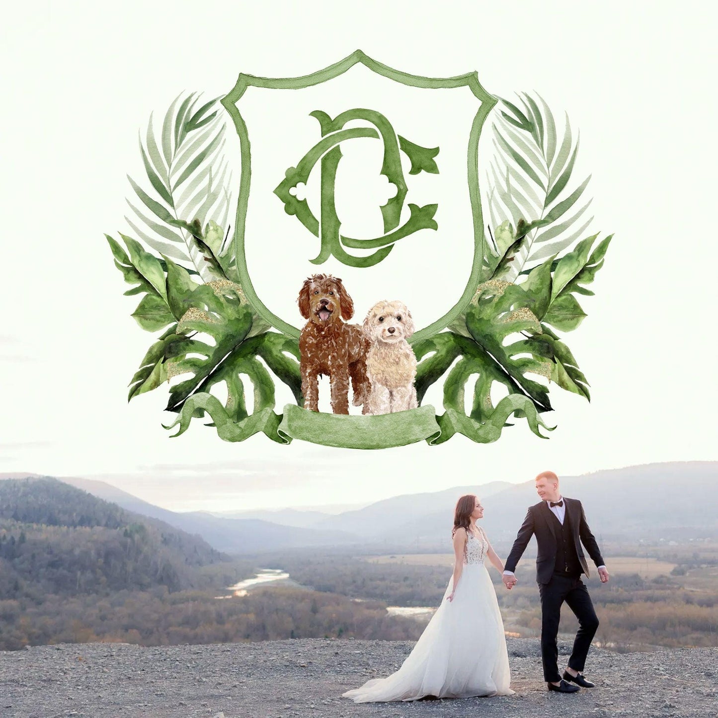 Palm Leaf Greenery Garden Watercolor Wedding Crest - Monogram Crest - Palm leaves Greenery Watercolor Wedding Crest - Romantic Wedding Crest