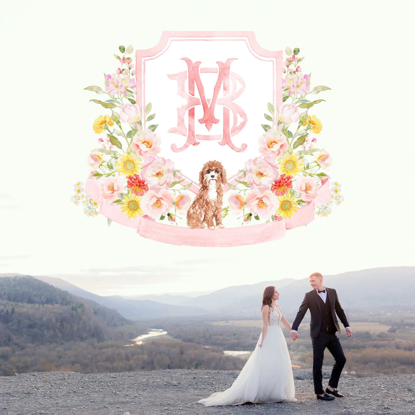 Coquette Flowers Blush Bright Colorful Watercolor Wedding Crest - Monogram Crest - Pastel Roses Floral Sunflower Watercolor Wedding Crest -